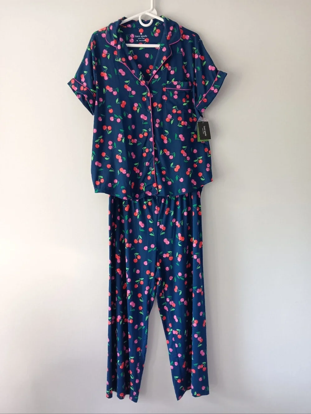 Kate Spade Short Sleeve Pajama Pant Set 2 Pc Red Pink Cherries Indigo Blue XL